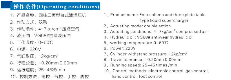 四柱標(biāo)準(zhǔn)型氣液增壓機產(chǎn)品操作條件